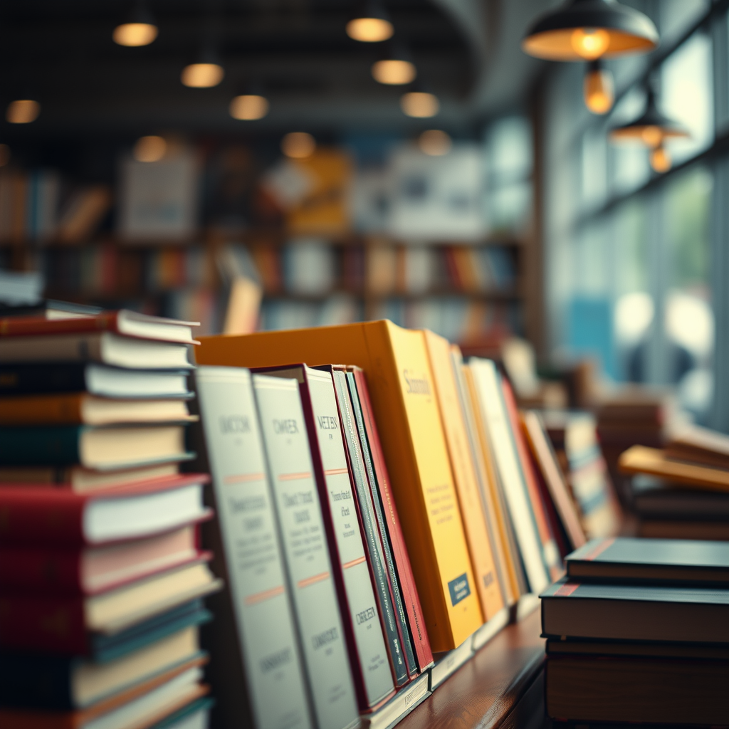 books arranged in an attractive, eye-catching display, brightly lit and in focus, conveying a sense of creativity and professionalism